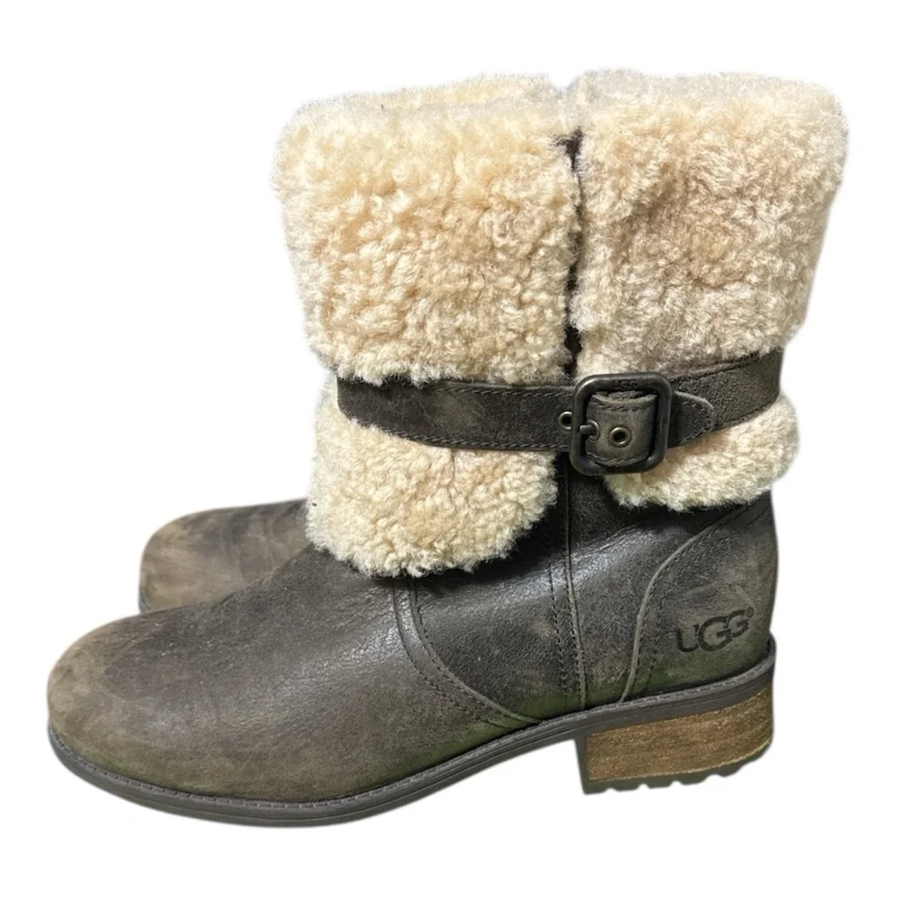 UGG Blayre Winter Ankle Boots Womens Size 7 Dark Olive Leather Sheepskin Cuff